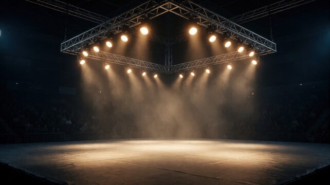 Empty wrestling ring illuminated by spotlights with smoke effects and blurred audience in background. Use: sports event, competition poster, concer...