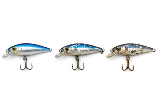 Three different fishing lures on a white background for promotional or educational use
