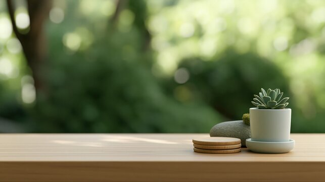 Minimalist Wooden Table with Succulent Plant and Natural Greenery Home Decor
