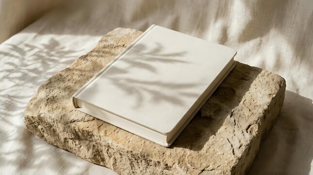 Blank open book on textured stone surface with natural sunlight