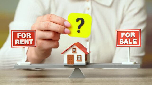 Buy or rent a house. Sell the house or rent it out for regular income. Property decision concept shows investment strategy, housing market choice, and income planning
