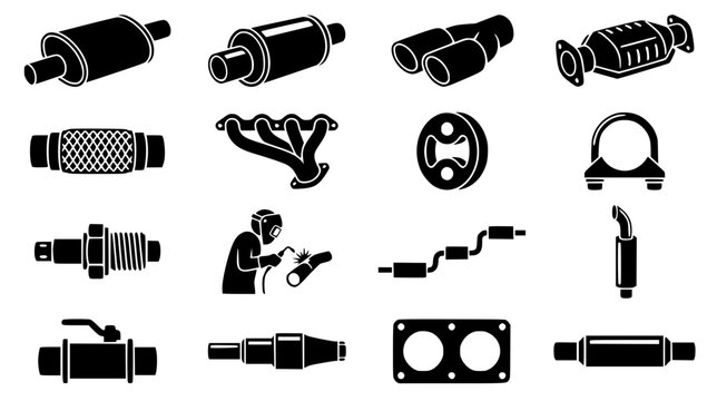 Automotive exhaust system components in silhouette against white diverse parts collection