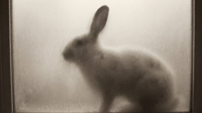 A blurry, sepia-toned image of a rabbit seen through a frosted or steamy window, creating a mysterious and artistic effect.