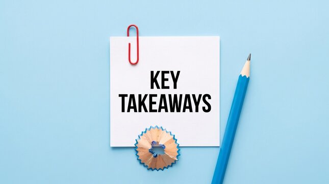 Key takeaways text written on sticky note with pencil and paper clip on blue background