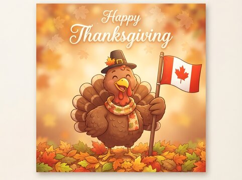 Festive thanksgiving turkey with hat and canadian flag autumn celebration