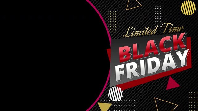 Black Friday promotional video overlay template featuring bold black, gold, and red geometric design elements. Includes a transparent circular frame placeholder for custom media insertion