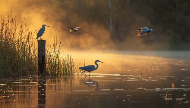 A realistic Florida wetland scene at golden hour a Great Blue Heron wading in shallow marsh water in the foreground, a Little Blue Heron perched on a weathered wooden dock post