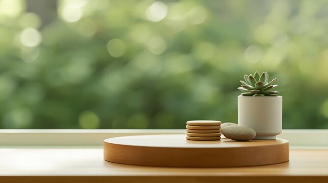 Minimalist Wooden Table with Succulent Plant and Natural Greenery Home Decor