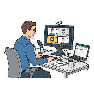 Employee using video conferencing setup for hybrid meeting, remote team collaboration, Return To Office