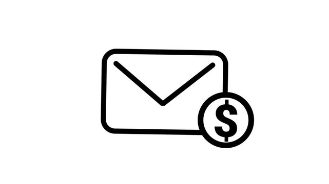 Email Money Transaction Motion icon. Animated line icon featuring mail envelope and dollar coin representing email marketing paid message financial notification and billing.