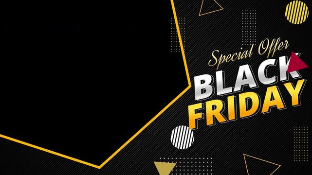 A stylish Black Friday promotional video overlay template featuring bold black, gold, and red geometric design elements. Includes a transparent circular frame placeholder for custom media insertion