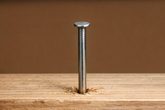 A single metal nail resting on the surface of a wooden table