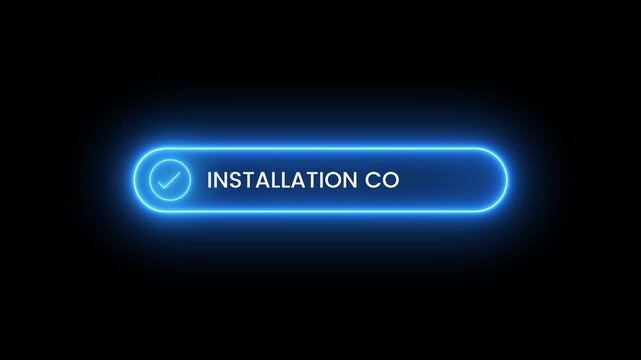 Installation complete neon button with checkmark icon animation isolated on black background