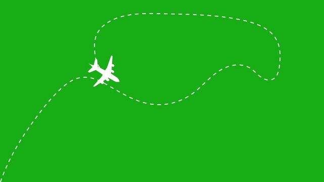 Airplane line path moving curve animation isolated on green background