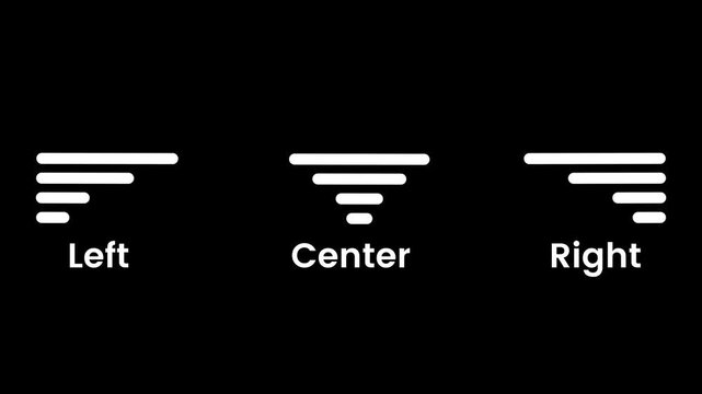 Left, center and right text alignment icon animation isolated on black background