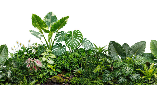 Tropical garden plants on transparent background