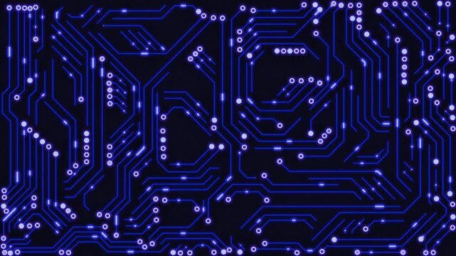 Abstract blue circuit board PCB motion loop with glowing digital electrical signals. High-tech microchip computer motherboard concept for AI, cyber security, connection, and data processing.