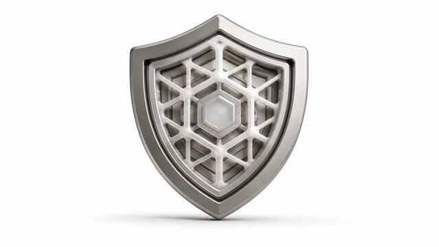 Metallic shield icon with geometric hexagonal pattern for cybersecurity and data protection.