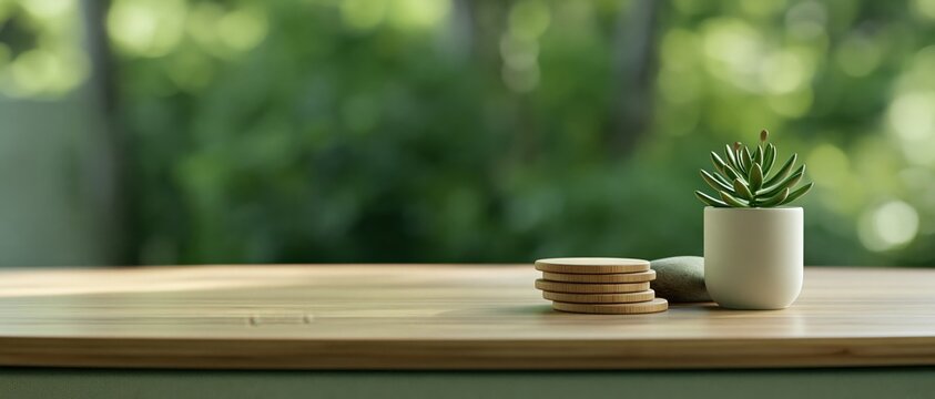 Minimalist Wooden Table with Succulent Plant and Natural Greenery Home Decor