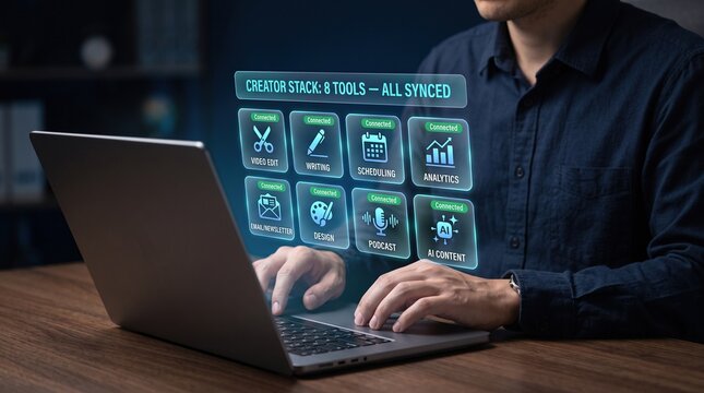 Creator tool stack dashboard on laptop showing connected video, writing, scheduling, analytics, email, design, podcast and AI tools for digital content production