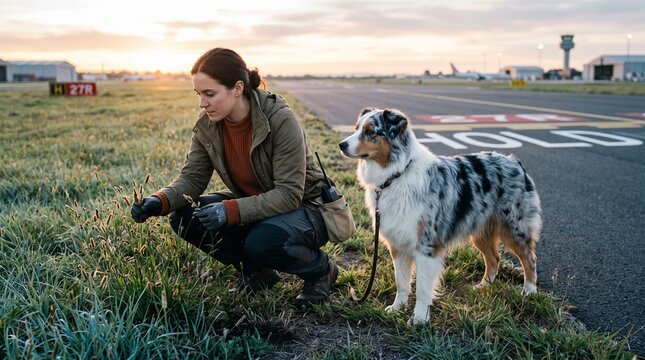 Handler and dog inspect a managed airfield grass verge