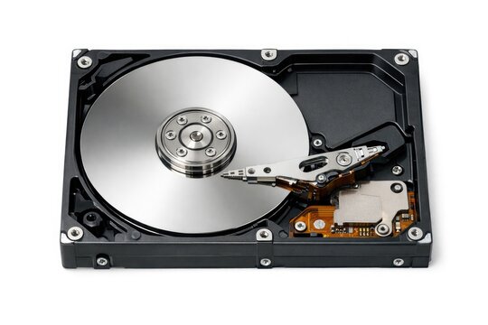 A detailed view of a computer hard drive on a white background, suitable for technology or computer-related projects