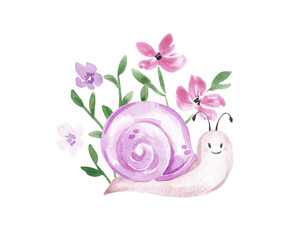 Watercolor snail with flowers. Cute smiling snail. Fairy tale character, cute forest insect. Isolated on a white background. Birthday card, invitation design in cartoon style © balena