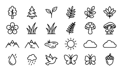 Fototapeta premium Minimal nature outline icons featuring trees plants flowers wildlife and outdoor landscapes