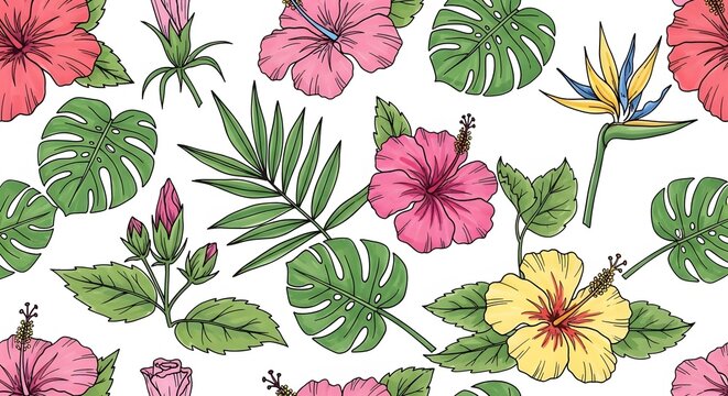 Tropical Hibiscus Flowers and Exotic Jungle Leaves Seamless Pattern Design