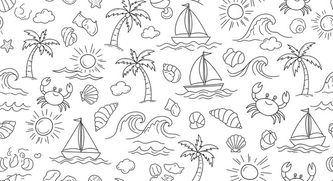 Seamless beach and summer doodle pattern with sailboat palm tree and shell