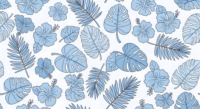 Seamless tropical pattern with light blue monstera leaves and hibiscus flowers