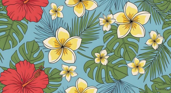 Tropical Seamless Pattern with Hibiscus Plumeria and Palm Leaves