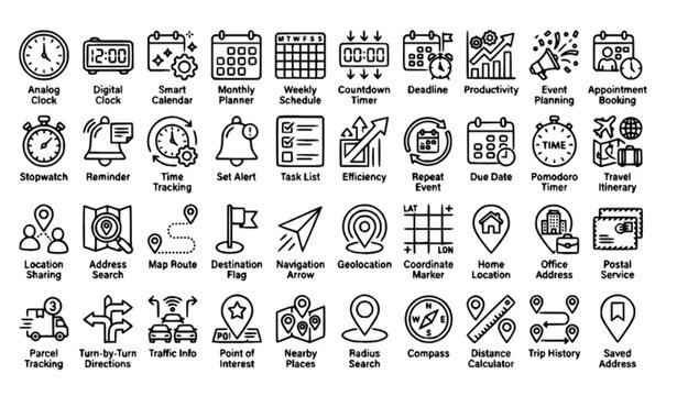 Modern Time Management and Address Navigation Line Icons Collection Editable Stroke Vector Set