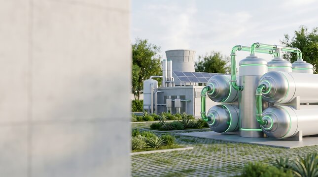 A modern industrial facility with stainless steel processing tanks and glowing green pipe networks, partially framed by a concrete wall in the foreground with lush landscaping