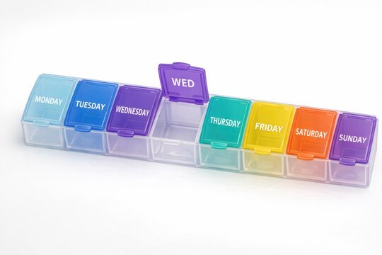 A transparent plastic box with Monday, Tuesday, Wednesday, and Thursday labels