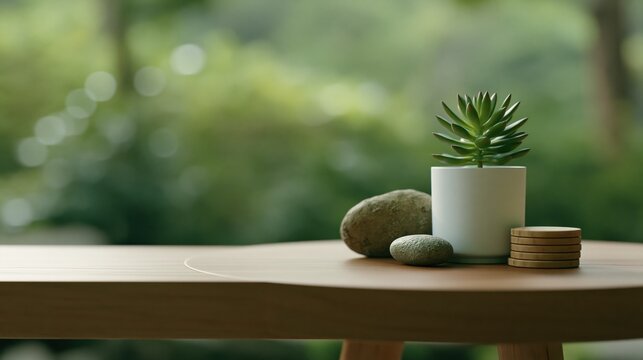 Minimalist Wooden Table with Succulent Plant and Natural Greenery Home Decor