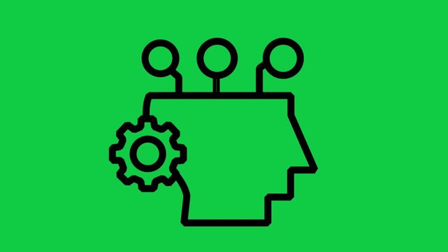 AI Human Mind Thinking Motion icon. Animated line icon of human head silhouette with gear and nodes representing artificial intelligence cognitive thinking and technology.