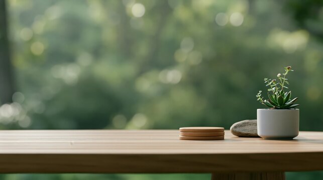 Minimalist Wooden Table with Succulent Plant and Natural Greenery Home Decor