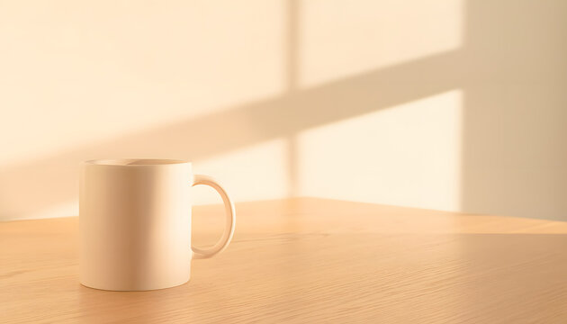 Minimalist ceramic mug on a wooden table in a calm remote workspace with warm sunlight shadows
