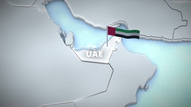 3D map animation of the United Arab Emirates with a pulsating highlight, national flag, and glowing borders for a travel and presentation-style graphic template.
