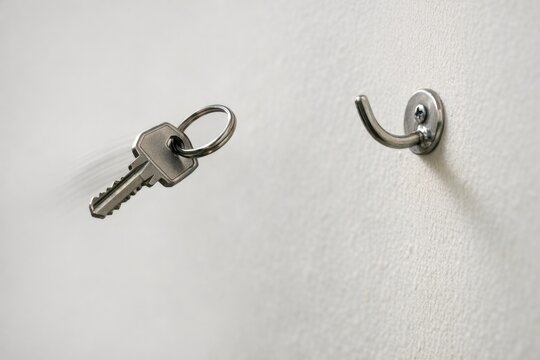 A pair of keys hanging from a hook on the wall, possibly a house or office key