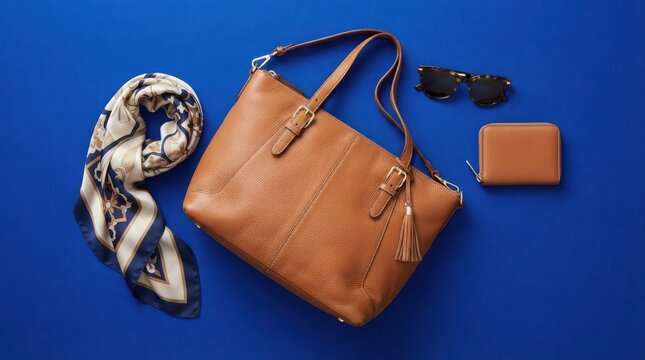 Brown leather tote bag with a patterned scarf wallet and sunglasses on a bright blue background flat lay fashion photography