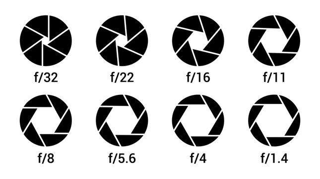 Camera lens aperture set illustrating different f-stop values from f/32 to f/1.4 showing opening sizes for photography light and exposure control
