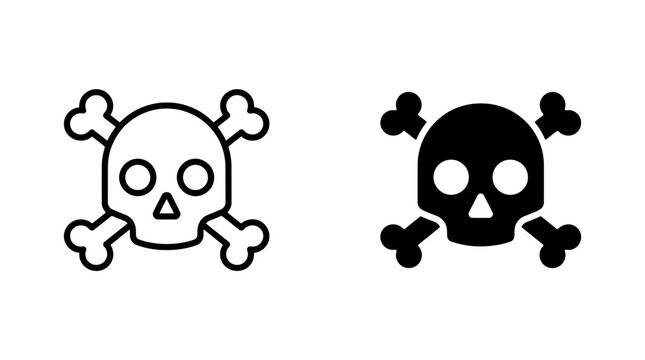 Skull and crossbones icons set in outline and solid styles representing death danger pirate symbols toxic waste or lethal poison hazard warnings