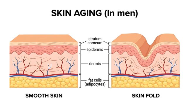 Cross-sectional view of skin aging in men showing smooth skin versus skin fold