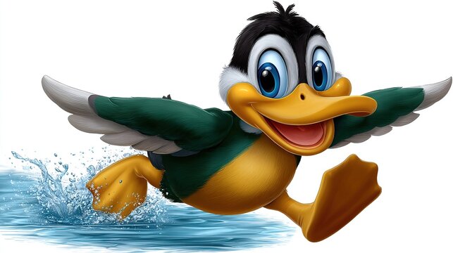 Happy Cartoon Duckling Running: A cheerful animated duckling with big blue eyes and an infectious smile splashes through water, its wings spread in mid-flight, embodying pure joy and playful energy.