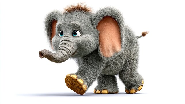 Cute Cartoon Elephant: A charming, cartoon-style baby elephant with big ears and a playful expression trots forward, rendered in a realistic 3D animation style.