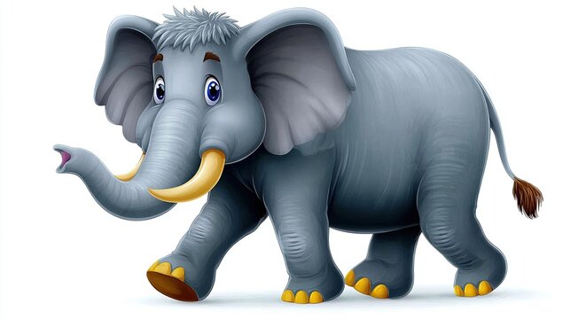 Friendly Elephant Cartoon: A cheerful, grey cartoon elephant with big ears, tusks, and a playful expression walks forward, ready for adventure.