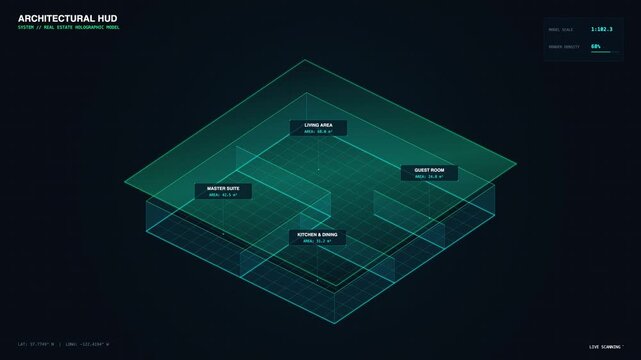 Futuristic digital architectural floor plan interface with glowing green isometric lines and data labels.