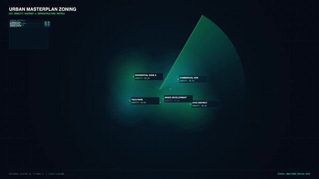 Futuristic digital interface showing urban masterplan zoning and development data visualization.